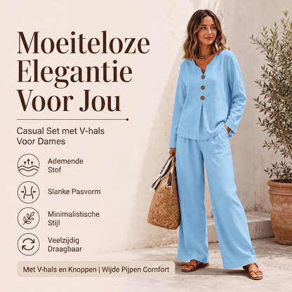💎 Exclusieve Deal 👗 Dames 2-Delige Set met V-Hals Top & Wijde Pijpen Broek ✨ elegante look, comfortabel & flatterend