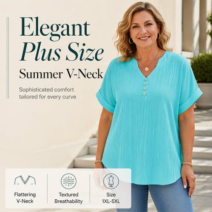 🔥 Vandaag Extra Voordelig 💃 Dames Casual Top met V‑hals, Korte Mouwen en Kreuktextuur ✨ **Ook in grote maten**, licht comfortabel zomermodel