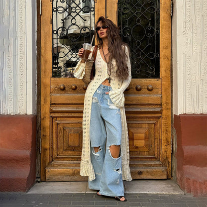 💎 Exclusieve Deal ✨ Dames Gehaakt Opengewerkt Lang Vest – Uniek Designer Design, Bohemian Stijl & Niet-Doorsnee Look 🌸