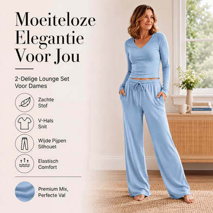 ✨ Nieuwe Collectie 👗 Dames 2-Delige Set met V-Hals Top & Wijde Pijpen Broek – Elegante Look, Comfortabele Pasvorm & Moeiteloze Stijl 💫
