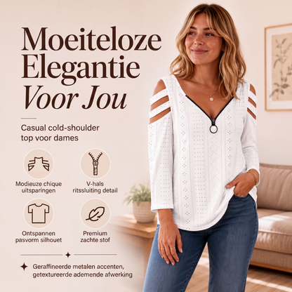 ✨ Nieuwe Collectie 🌸 Dames T-shirt met Uitlopende Schouders 👚 Ritsdetail & Trendy Elegante Look