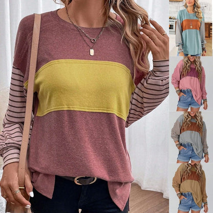 🔥 Tijdelijke Aanbieding ✨ Dames T-Shirt met Lange Mouwen & Kleurblokstrepen 👕 Trendy Design, Comfortabele Pasvorm & Moderne Look