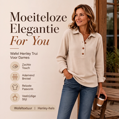 ✨ Nieuwe Collectie 🌿 Dames Wafelgebreid Henley Shirt met Lange Mouwen 👚 Zachte Textuur, Comfortabele Pasvorm & Tijdloze Casual Look