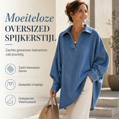 ✨ 50% KORTING 💙 Dames Denim-Look Trui met V-Hals – Losse Pasvorm, Vleermuismouwen & Asymmetrische Zoom
