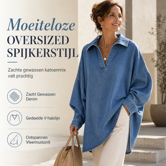✨ 50% KORTING 💙 Dames Denim-Look Trui met V-Hals – Losse Pasvorm, Vleermuismouwen & Asymmetrische Zoom