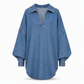 ✨ 50% KORTING 💙 Dames Denim-Look Trui met V-Hals – Losse Pasvorm, Vleermuismouwen & Asymmetrische Zoom