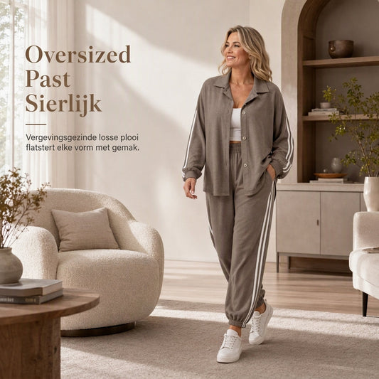 🤎 Dames 2-Delige Loungewear Set met Oversized Knoopblouse & Joggingbroek – Casual Comfortabele Set met Zijstrepen en Trendy Pasvorm ✨