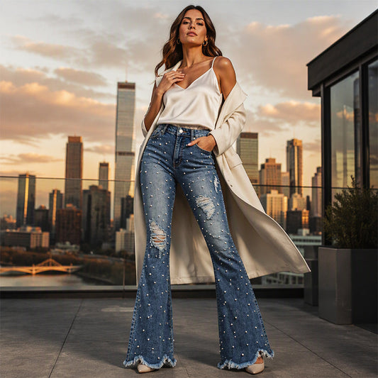 👖 Dames High-Waisted Flare Jeans met Destroyed Details – Trendy Uitlopende Spijkerbroek met Comfortabele Pasvorm & Stoere Denim Look ✨
