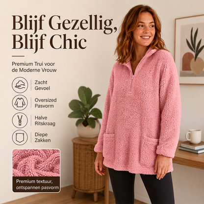 ✨ Dames Pluchen Sweatshirt met Halve Rits & Zakken – Zacht, Comfortabel en Casual voor Elke Dag 🤎