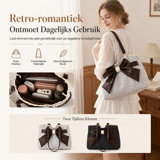 💎 Exclusieve Deal – Dames schoudertas met grote capaciteit 👜 Stippenpatroon, stijlvolle veterstrik & perfect voor werk en dagelijks gebruik ✨