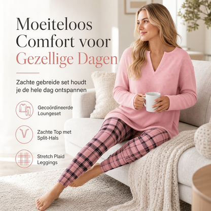 💎 Exclusieve Deal ✨ Dames Gebreide Top & Geruite Legging Set – Trendy 2-Delige Outfit met Comfortabele Pasvorm 👗