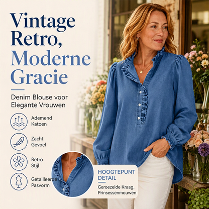 ✨ Nieuw & Trendy 👚 Dames Spijkerblouse – Ruches Kraag & Pofmouwen voor een Vrouwelijke Look