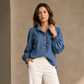 ✨ Nieuw & Trendy 👚 Dames Spijkerblouse – Ruches Kraag & Pofmouwen voor een Vrouwelijke Look