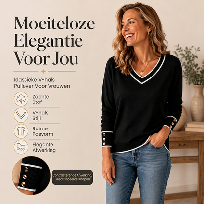 🌸 Nieuw Binnen – Elegant gebreid dames shirt met V-hals 👚 Contrasterende details, zachte pasvorm & stijlvolle dagelijkse look ✨