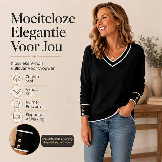 🌸 Nieuw Binnen – Elegant gebreid dames shirt met V-hals 👚 Contrasterende details, zachte pasvorm & stijlvolle dagelijkse look ✨