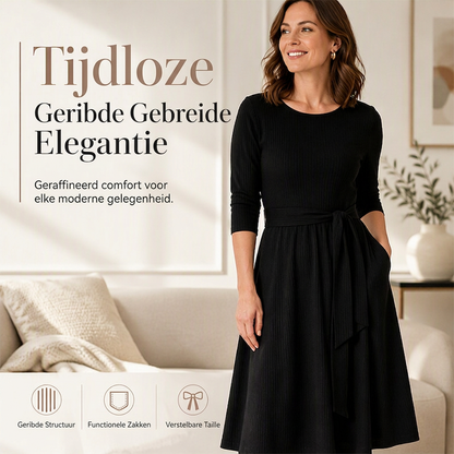 💎 Exclusieve Deal – Dames A-lijn midi-jurk van geribd breisel 👗 Ronde hals, 3/4 mouwen & comfortabele pasvorm met zakken ✨