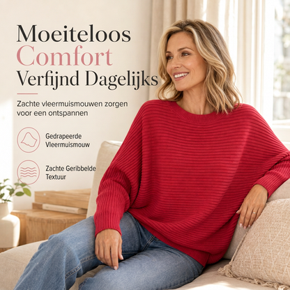 Casuele gebreide pullover met ronde hals, losvallend model, vleermuis lange mouwen en effen kleur