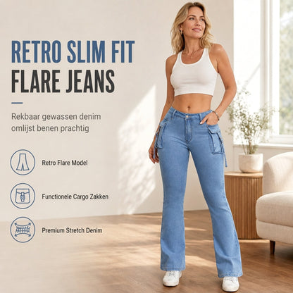 🔥 Nieuw & Trendy ✨ Dames High Stretch Skinny Cargo Flare Jeans – Hoge Taille met Klepzakken voor een Trendy & Comfortabele Pasvorm