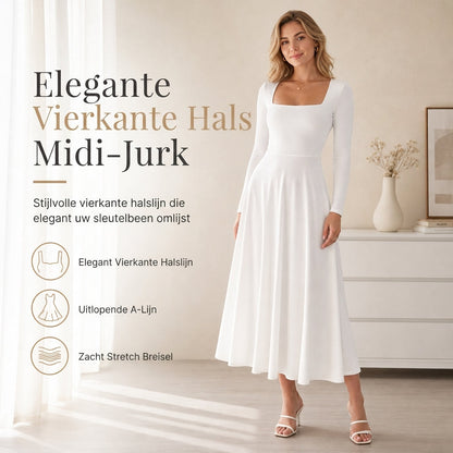🌸 Nieuwe Collectie ✨ Dames A-Lijn Jurk met Vierkante Hals – Elegante Lange Mouwen Jurk met Flatterende Pasvorm