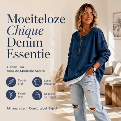 Nieuw Binnen ✨ Dames Denim Pullover met Halve Rits – Lange Mouwen Trui met Trendy Jeanslook & Comfortabele Pasvorm💙