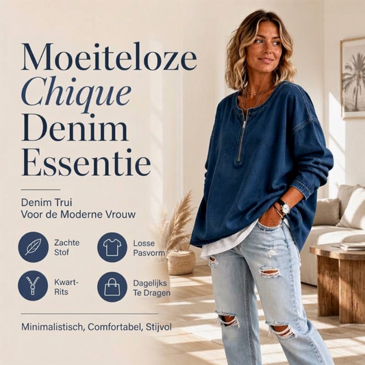 Nieuw Binnen ✨ Dames Denim Pullover met Halve Rits – Lange Mouwen Trui met Trendy Jeanslook & Comfortabele Pasvorm💙