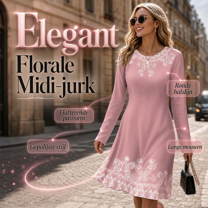 🌸 Nieuwe Collectie ✨ Dames Bloemenprint Jurk met Ronde Hals – Elegante Lange Mouwen Jurk met Comfortabele Pasvorm