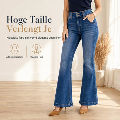 🔥 50% KORTING ✨ Dames High Waist Flare Jeans – Stretch Denim met Dubbele Knoopsluiting & Slankmakende Pasvorm