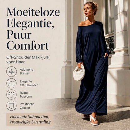 ✨ Exclusieve Look 💃 Dames Off-Shoulder Maxi-Jurk met Lange Mouwen – Elegante Pasvorm & Vrouwelijke Uitstraling 🌙