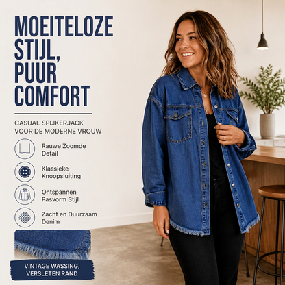 ✨ Casual Denim Favoriet 💙 Dames Gewassen Denim Jack met Gerafelde Zoom – Vintage Look, Comfortabel & Makkelijk te Combineren