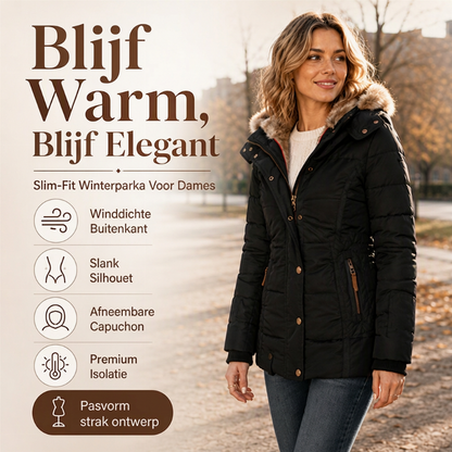 ✨ Winter Elegantie 🤎 Dames Getailleerde Gewatteerde Jas met Capuchon – Warm, Comfortabel & Flatterende Pasvorm