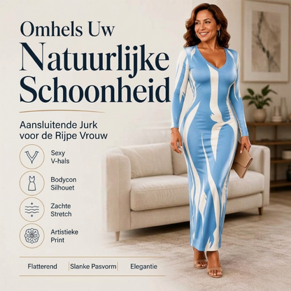 ✨ Elegante Look 💃 Dames Bodycon Maxi Jurk met Print & Lange Mouwen – Flatterend, Vrouwelijk & Stijlvol