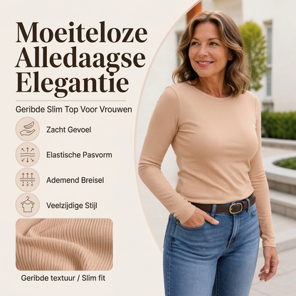 ✨ Tijdloze Basic 🤎 Klassiek Geribd Gebreid Dames Shirt met Ronde Hals – Zacht, Comfortabel & Veelzijdig