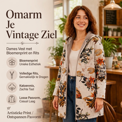 🍂 Vintage Vibes ✨ Dames Hoodiejas met Bladprint – Zacht, Comfortabel & Unieke Herfstlook