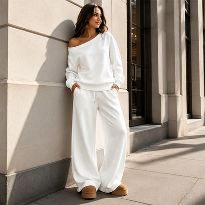 ✨ Nieuwe Look 👗 Dames Off-Shoulder Top & Wide-Leg Broek Set – Casual, Comfortabel & Trendy