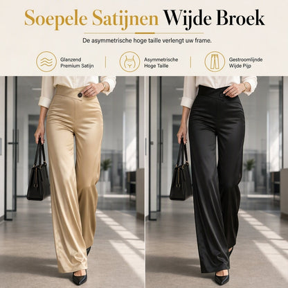 ✨ Nieuwe Collectie – Speciale Prijs! - Elegante satijnen hooggetailleerde wijde pijpen broek met asymmetrische taille ✨ luxe glans, slank silhouet, modieuze asymmetrische taille