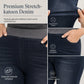 Dames high-waist pull-on slim fit donkerblauwe denim jeans met brede elastische tailleband