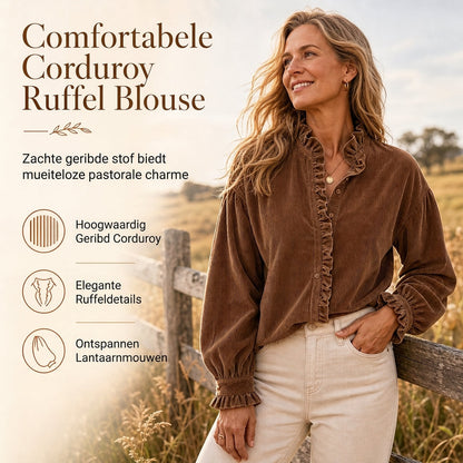 🍂Nieuw & Trendy - Vintage corduroy blouse voor dames met gerimpelde kraag en lange lantaarnmouwen ✨ retro look, zacht corduroy, opvallende lantaarnmouwen en gerimpelde kraag