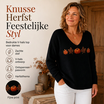 🔥 Vandaag Extra Voordelig - Dames V-hals lange mouwen top met pompoenprint ✨ V-hals pompoenprint lange mouwen herfsttop