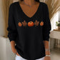 🔥 Vandaag Extra Voordelig - Dames V-hals lange mouwen top met pompoenprint ✨ V-hals pompoenprint lange mouwen herfsttop