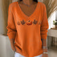 🔥 Vandaag Extra Voordelig - Dames V-hals lange mouwen top met pompoenprint ✨ V-hals pompoenprint lange mouwen herfsttop