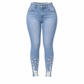 ✨ Nieuwe Look 💫 Dames Lichtblauwe Met Parel Versierde Slim Fit Skinny Jeans met Onafgewerkte Gerafelde Taille en Gerafelde Gescheurde Enkelsboorden – Stijlvol, Modieus & Trendy