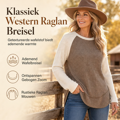 ✨ Nieuwe Look 💫 Vrouwen Western Ranch Stijl Raglan Lange Mouw Gebreid Top met Gestructureerde Wafelstof en Gebogen Zoom – Stoer, Comfortabel & Trendy