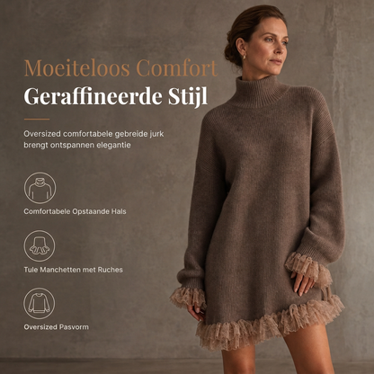 ✨ Nieuwe Look 💫 Oversized Gebreide Jurk met Mock Neck en Ruche van Tule – Vrouwelijk, Uniek & Trendy