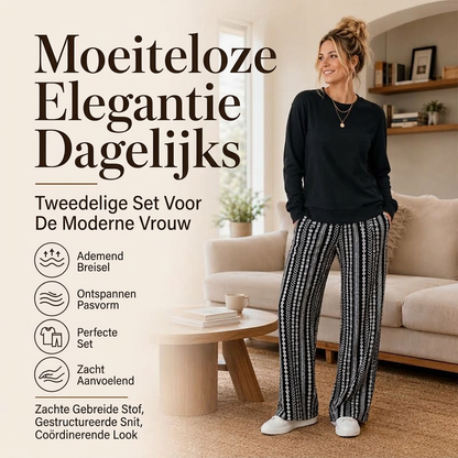 🌟 Populaire Stijl 💫 Vrouwen Casual Set: Ronde Hals Top & Bedrukte Broek – Relaxed Kleurrijk en Complete Outfit