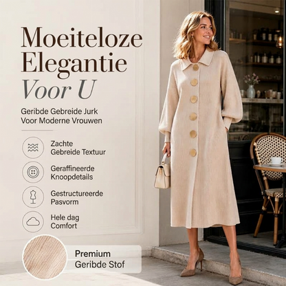 🌸 Nieuwe Collectie — Dames maxi‑jurk van geribbreid breisel met lantaarnmouwen ✨ vloeiende pasvorm stijlvol voor allerlei gelegenheden
