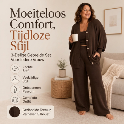 🏆 Bestseller — Dames 3-delige Gebreide Loungewear Set ✨ ultrazacht gebreid comfortabele pasvorm voor thuis en casual uitjes
