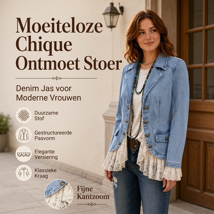 Dames jeansjas met revers en kantzoom