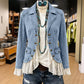 Dames jeansjas met revers en kantzoom