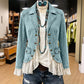 Dames jeansjas met revers en kantzoom