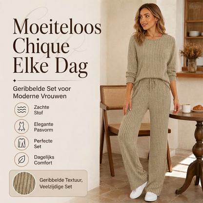 ✨ Elegante Comfort Set 🤍 Dames Geribbelde Gebreide Top & Rechte Broek – Stijlvol, Zacht & Perfecte Pasvorm